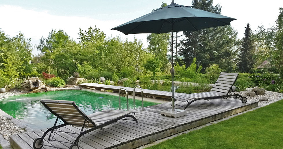 Naturpool mit Holzdeck, zwei Liegen und großem Sonnenschirm, umgeben von Bäumen und Grün