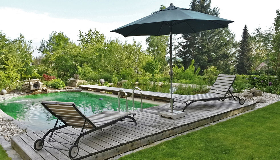 Naturpool mit Holzdeck, zwei Liegen und großem Sonnenschirm, umgeben von Bäumen und Grün Naturpool mit Holzdeck, zwei Liegen und großem Sonnenschirm, umgeben von Bäumen und Grün